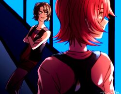  2girls brown_eyes brown_hair canon_memphis collarbone commentary_request crossed_arms hallway indoors kaname_sakura looking_outside machi_fuka multiple_girls overalls red_hair short_hair short_sleeves shorts signature smile soukyuu_no_fafner vest window 