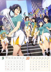  6+girls :d absurdres aqua_shirt black_hair blue_eyes blue_hair calendar_(medium) day euphonium eye_contact glasses hair_ribbon hibike!_euphonium highres hitomi_lala holding holding_instrument instrument kasaki_nozomi kase_maina katou_hazuki kneehighs leg_up long_hair looking_at_another looking_back miniskirt mole mole_under_eye multiple_girls nakagawa_natsuki nakano_tsubomi nakaseko_kaori official_art ogasawara_haruka open_mouth outdoors pleated_skirt ponytail red-framed_eyewear ribbon semi-rimless_eyewear shirt short_sleeves sidelocks skirt smile socks stairs t-shirt takahisa_chieri tanaka_asuka torizuka_hirone twintails white_legwear white_skirt yellow_ribbon yoroizuka_mizore yoshikawa_yuuko yoshizawa_akiko 