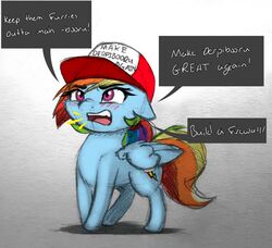  avoid_posting better_version_at_source blue_body blue_fur blush chibi clothing conditional_dnp english_text equid equine eyelashes feathered_wings feathers female feral friendship_is_magic fur fursecution grey_background hair hasbro hat headgear headwear horse long_hair maga_hat make_america_great_again mammal meme multicolored_hair my_little_pony mythological_creature mythological_equine mythology open_mouth pegasus politics pony pudgeruffian purple_eyes rainbow_dash_(mlp) rainbow_hair simple_background solo speech_bubble teeth text tongue wings 