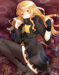  bad_id bad_pixiv_id blonde_hair blush female fingerless_gloves gloves highres kakerayuri long_hair lying orange_hair pantyhose sekaiju_no_meikyuu sekaiju_no_meikyuu_3 solo wavy_hair zodiac_(sekaiju) zodiac_4_(sekaiju) 