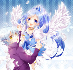  1boy angel_wings blue_background blue_bow blue_eyes blue_hair bow brooch choker commentary_request couple cure_diamond dokidoki!_precure feathered_wings feathers female heart heart_brooch hishikawa_rikka holding_hands interlocked_fingers ira_(dokidoki!_precure) jewelry long_hair magical_girl polka_dot polka_dot_background precure ribbon shirt skirt smile straight surprised white_wings wings yellow_eyes yutsuchi 