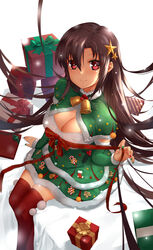  absurdres arm_support bell blush bow breasts brown_hair candy candy_cane capelet chilunchilun choker christmas christmas_ornaments cleavage commentary_request crossed_ankles detached_sleeves dress female floating_hair food from_above fur-trimmed_capelet fur-trimmed_dress fur-trimmed_sleeves fur_trim gift girls&#039;_frontline green_capelet green_nails hair_ornament highres holding holding_ribbon large_breasts layered_dress long_hair long_sleeves looking_at_viewer multicolored_clothes multicolored_dress nail_polish neck_bell pinching purple_eyes red_nails red_thighhighs ribbon ribbon_choker short_dress sitting smile solo star_(symbol) star_hair_ornament strapless strapless_dress thighhighs thighs type_64_(girls&#039;_frontline) very_long_hair zettai_ryouiki 