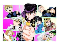  2girls 6+boys absurdres anchor_symbol baby black_hair blonde_hair blue_eyes brown_hair clenched_hand clenched_hands commentary_request diamond_wa_kudakenai dollar_sign earrings facial_hair foreshortening formal fungami_yuya gakuran glasses green_hair grey_hair hat headband higashikata_josuke highres hirose_koichi imaru_(yashiro19950425) jewelry jojo_no_kimyou_na_bouken joseph_joestar joseph_joestar_(old) kawajiri_hayato kira_yoshikage kishibe_rohan kujo_jotaro light_brown_hair long_hair love_deluxe multicolored_hair multiple_boys multiple_girls necktie nijimura_okuyasu open_mouth peace_symbol pen pompadour purple_eyes purple_hair school_uniform serafuku shizuka_joestar star_(symbol) stud_earrings suit turtleneck two-tone_hair vest wavy_hair yamagishi_yukako yen_sign 