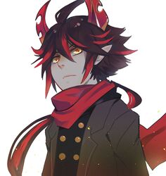  1boy ahoge black_hair commentary_request demon_boy demon_horns funamusea haiiro_teien hair_between_eyes horns ivlis_(funamusea) male_focus multicolored_hair pointy_ears red_hair red_scarf scarf sebychu simple_background solo white_background wings 