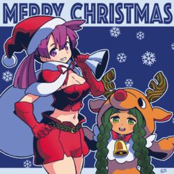  2girls :d animal_costume antlers bad_id bad_twitter_id bell belt blue_background blush bow bowtie braid breasts capelet cestus_(sekaiju) cestus_2_(sekaiju) cleavage collar commentary_request cowbell crop_top fur_trim gloves green_eyes green_hair grin hat highres holding horns inactive_account large_breasts long_hair looking_at_viewer midriff multiple_girls navel neck_bell neck_ribbon open_mouth purple_eyes purple_hair red_bow red_bowtie red_gloves red_hat red_ribbon red_shorts reiesu_(reis) reindeer_antlers reindeer_costume ribbon sack santa_costume santa_hat sekaiju_no_meikyuu sekaiju_no_meikyuu_5 shaman_(sekaiju) shaman_4_(sekaiju) short_shorts shorts signature simple_background smile snowflakes standing twin_braids twintails 