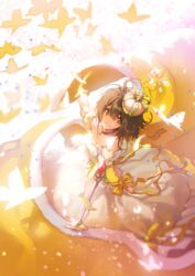  arched_crown bad_id bad_pixiv_id brown_hair bug butterfly cape cardcaptor_sakura choker creature crown detached_sleeves dress female fuuin_no_tsue gloves green_eyes highres kero_(cardcaptor_sakura) kinomoto_sakura leenim looking_at_viewer orange_crown ribbon short_hair smile staff 