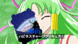  closed_eyes commentary_request cure_empress dokidoki!_precure fake_screenshot female green_background green_hair hair_tubes long_hair magical_girl moritakusan precure sidelocks smile solo 