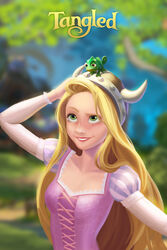  adjusting_clothes adjusting_headwear blonde_hair chameleon commentary_request copyright_name dress fake_horns female green_eyes helmet highres horned_helmet horns long_hair miacat pascal_(tangled) photoshop_(medium) pink_dress raised_eyebrow rapunzel_(disney) smile solo tangled very_long_hair 