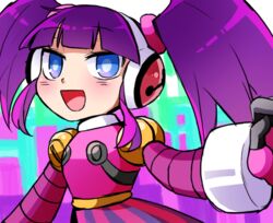  android blue_eyes call_(mighty_no._9) call_d dress eyebrows female fingerless_gloves gloves hairband headphones long_hair mighty_no._9 no_humans open_mouth purple_hair robot robot_joints shirt solo tied_hair twintails 