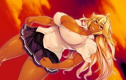  blonde_hair breasts character_request dark_skin denkishowgun erectlip female female gakuen_no_ikenie_nagusami_mono_to_kashita_kyonyuu_furyou_shoujo_~hakudaku_ni_okasareru_kasshoku_&amp;_daniku_no_kyouen~ game_cg huge_breasts nipples no_bra school_uniform shiny_skin skirt sky 