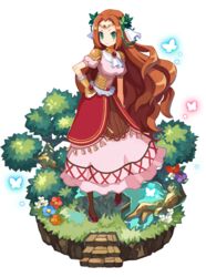  alpha_transparency brown_hair bug butterfly dress faux_figurine female flower freyja_(yurudorashiru) full_body green_eyes hand_on_own_hip harada_takehito long_hair makai_wars official_art smile solo stairs transparent_background tree wavy_hair yurudorashiru 