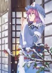  blue_dress blurry branch breath chromatic_aberration commentary_request dress female hat highres japanese_clothes long_sleeves looking_up mob_cap mumyuu open_mouth own_hands_together purple_eyes purple_hair ribbon saigyouji_yuyuko sash short_hair snow snowing solo touhou triangular_headpiece veil wide_sleeves 