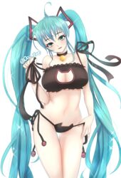  ahoge aqua_hair bad_id bad_pixiv_id bell breasts cat_cutout cat_ear_panties cat_lingerie choker cleavage cleavage_cutout clothing_cutout cowboy_shot female green_eyes hatsune_miku head_tilt jingle_bell large_breasts long_hair meme_attire navel neck_bell panties saltycaramel side-tie_panties simple_background solo twintails underwear underwear_only very_long_hair vocaloid white_background 