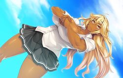  blonde_hair breasts character_request dark_skin denkishowgun erectlip female female gakuen_no_ikenie_nagusami_mono_to_kashita_kyonyuu_furyou_shoujo_~hakudaku_ni_okasareru_kasshoku_&amp;_daniku_no_kyouen~ game_cg huge_breasts nipples no_bra school_uniform shiny_skin skirt sky 