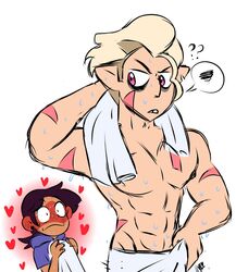  1boy 1girls 2021 after_shower belly belly_button blush confused dinjj disney disney_channel disney_xd hand_on_hip heart hunter_(the_owl_house) luz_noceda male_focus muscular muscular_male navel nervous nervous_sweat parody question rough_sketch scar shocked_expression signature smooth_skin the_owl_house topless topless_male towel towel_only wet_body white_background 