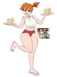  alcohol asymmetrical_hair beer bloomers blush eyelashes female game_freak green_eyes hair_between_eyes hair_tie highres kasumi_(pokemon) legs navel nintendo open_mouth orange_hair pokemon pokemon_(anime) pokemon_(classic_anime) pokemon_(game) pokemon_rgby ponytail sandals shirt short_hair side_ponytail smile solo standing thighs tied_hair tomboy underwear white_shirt zigzagboy95 