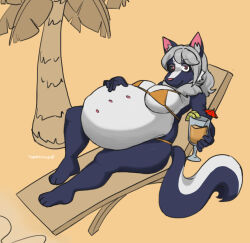  2026 anthro beach beach_chair belly belly_nipples beverage big_belly bikini bikini_bottom bikini_top black_sclera brown_eyes clothing cocktail_garnish cocktail_umbrella digital_drawing_(artwork) digital_media_(artwork) female food fruit fur grey_hair grey_inner_ear_fluff hair hand_on_belly hand_on_own_belly hi_res holding_beverage holding_glass holding_object huge_belly humanoid_hands hyper hyper_belly hyper_pregnancy inner_ear_fluff looking_at_viewer mammal mephitid murninatair nipples orange_bikini orange_bikini_bottom orange_bikini_top orange_clothing orange_swimwear palm_tree pineapple pink_inner_ear pink_nipples pink_nose plant pregnant pregnant_anthro pregnant_female sand skunk solo swimwear tree tuft two-piece_swimsuit white_body white_fur white_sclera 