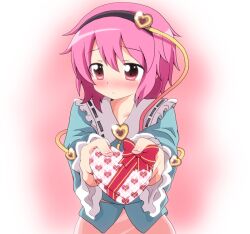  averting_eyes blush bow box commentary_request female heart heart-shaped_box incoming_gift komeiji_satori massala open_mouth pink_eyes pink_hair ribbon short_hair simple_background solo third_eye touhou valentine 