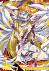  angel_wings angewomon asymmetrical_clothes belt blonde_hair breasts covered_eyes digimon digimon_(creature) digimon_adventure feathered_wings feathers female gloves head_wings helmet long_hair lowres medium_breasts mercy_rabbit official_art ribbon solo thigh_strap torn_clothes wings 