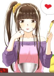  :p alternate_hairstyle amagami apron bare_shoulders blunt_bangs brown_eyes brown_hair casual chocolate chocolate_making commentary_request female heart kamizaki_risa long_hair scrunchie shouji_nigou side_ponytail sleeves_pushed_up solo spoken_heart sweater tongue tongue_out valentine 