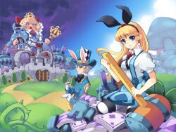  1boy alice_(alice_in_wonderland) alice_in_wonderland animal_ears apron blonde_hair blue_eyes bow castle commentary_request dakun dress female flower hairbow hammer long_hair pantyhose photoshop_(medium) striped_clothes striped_pantyhose thighhighs white_rabbit_(alice_in_wonderland) 