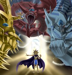  1boy absurdres atem chains clenched_hand commentary_request dragon fangs highres millennium_puzzle multicolored_hair obelisk_the_tormentor open_mouth osiris_the_sky_dragon soujin_hyouka teeth the_winged_dragon_of_ra yu-gi-oh! yu-gi-oh!_duel_monsters 