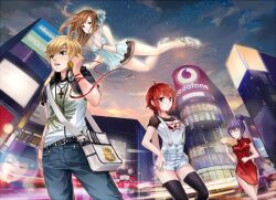  1boy 3girls ad blonde_hair blue_eyes brown_eyes brown_hair casual cellphone china_dress chinese_clothes cityscape closed_eyes commentary_request dress floating j.lili long_hair multiple_girls night open_mouth original phone purple_hair red_eyes red_hair short_hair shorts smile string string_of_fate 