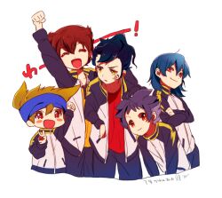  5boys bad_id bad_pixiv_id blue_hair brown_hair green_hair inazuma_eleven_(series) inazuma_eleven_go kageyama_hikaru kangokun kariya_masaki long_hair matsukaze_tenma multiple_boys nishizono_shinsuke open_mouth purple_hair short_hair smile soccer_uniform sportswear tsurugi_kyousuke yellow_eyes 