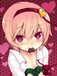  blush commentary_request dress_shirt eyeball female flat_chest hairband heart heart-shaped_pupils komeiji_satori minamura_haruki mouth_hold open_clothes open_shirt partial_commentary photoshop_(medium) pink_eyes pink_hair shirt short_hair solo symbol-shaped_pupils third_eye touhou upper_body valentine 