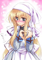  apron blonde_hair blush commentary_request female heart heart_hands kanna_(plum) long_hair original solo valentine 