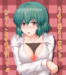  blush breast_hold breasts chocolate cleavage commentary_request female green_hair kazami_yuuka large_breasts nazal open_clothes open_mouth open_shirt photoshop_(medium) red_eyes shirt short_hair solo touhou translated 