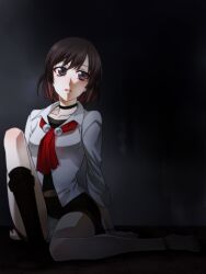  blush brown_eyes brown_hair collar commentary_request fatal_frame fatal_frame_1 female highres hinasaki_miku panties pantyshot pleated_skirt samsara_(ring) school_uniform short_hair sitting skirt solo underwear white_panties 