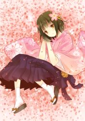  axis_powers_hetalia black_hair brown_hair cherry_blossom cherry_blossoms female female flower footwear gold_eyes hair_flower hair_ornament izumi_minami japan_(hetalia) japanese_clothes laying_down lying male rule_63 short_hair smile socks solo traditional_clothes yellow_eyes 