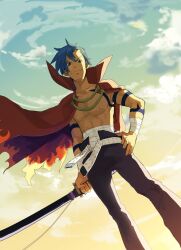  1boy bandages belt blue_hair cape cloud commentary_request dutch_angle hand_on_own_hip kamina_(ttgl) male_focus midriff_sarashi muscular photoshop_(medium) sarashi sky smile solo sword tattoo tengen_toppa_gurren_lagann topless_male weapon zukki_(suzukio) 