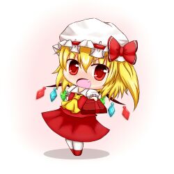  ascot banned_artist blonde_hair blush box chibi flandre_scarlet gift gift_box hat hat_ribbon oerba_yun_fang oohirakeisuke open_mouth outstretched_hand red_eyes ribbon shirt side_ponytail skirt skirt_set solo touhou valentine wings 