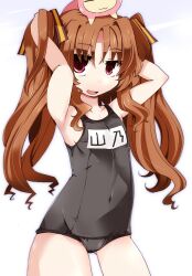  :3 ano_natsu_de_matteru armpits arms_up black_one-piece_swimsuit brown_hair chibi chibi_on_head commentary_request female flat_chest hair_ribbon hands_in_hair highres long_hair old_school_swimsuit on_head one-piece_swimsuit open_mouth purple_eyes ribbon rinon_(ano_natsu_de_matteru) school_swimsuit shirogane_(platinum) smile swimsuit twintails yamano_remon 