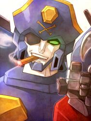  captain_shark cigar commentary_request eyepatch hat itaru_souga mecha no_humans ougon_yuusha_goldran pirate_hat robot simple_background smoke smoking solo yuusha_series 