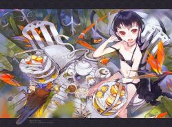  bird black_bra black_hair black_panties bra cake chair commentary cupcake dan_evan english_commentary female food highres houjuu_nue jewelry lingerie long_hair navel necklace open_mouth panties photoshop_(medium) polearm red_eyes snake solo spoon strap_slip tea_party tea_set tea_stand teapot tiered_tray touhou trident underwear underwear_only weapon 