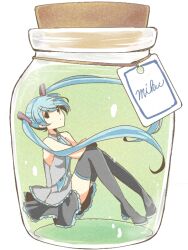  aqua_hair bad_id bad_pixiv_id boots bottle character_name cork female hatsune_miku in_bottle in_container long_hair moocho necktie sitting skirt solo thigh_boots thighhighs twintails very_long_hair vocaloid 