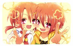  2girls bad_id bad_pixiv_id crossover hino_akane_(smile_precure!) look-alike msp_sammy multiple_girls necktie oerba_yun_fang precure red_eyes red_hair short_hair smile smile_precure tennis_no_ouji-sama tooyama_kintarou v yellow_background 