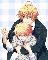  2boys ahoge arm_grab blonde_hair blue_eyes bracelet commentary_request glasses height_difference hug jewelry jyuru kurusu_shou male_focus multiple_boys necktie open_mouth school_uniform shinomiya_natsuki_(uta_no_prince-sama) smile uta_no_prince-sama 