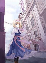  alice_margatroid arch arms_behind_back bad_id bad_pixiv_id blonde_hair blue_dress blue_eyes boots capelet cierra_(ra-bit) dress female hairband pantyhose perspective photoshop_(medium) road sash short_hair solo street touhou town wind 