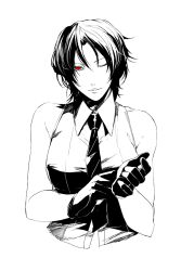  bad_id bad_pixiv_id banned_artist bare_shoulders breasts gloves greyscale large_breasts mature monochrome necktie one_eye_closed red_eyes s_tanly shirt short_hair sleeveless sleeveless_shirt solo spot_color the_king_of_fighters vanessa_(king_of_fighters) 