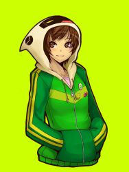  brown_eyes brown_hair commentary_request female hood hoodie jacket persona persona_4 photoshop_(medium) satonaka_chie short_hair solo standing taru_neko tomoe_(persona_4) track_jacket 