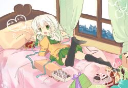  bad_id bad_pixiv_id bag bed black_thighhighs blush box box_of_chocolates chocolate commentary_request cupcake curtains female food gift green_eyes green_hair heart heart-shaped_box kisumi_mews komeiji_koishi lying no_headwear on_stomach open_mouth photoshop_(medium) pillow short_hair skirt smile solo thighhighs touhou valentine window 