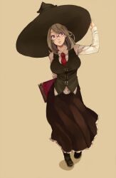  black_skirt book breasts brown_background commentary_request dress female glasses gram_(muneneko) grey_hair hand_on_headwear hat large_breasts long_skirt long_sleeves looking_at_viewer muneneko necktie original red_eyes simple_background skirt solo vest witch_hat 