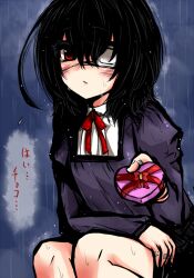  another bandaid black_hair blush box commentary_request eyepatch female heart-shaped_box misaki_mei rain roki_(hirokix) solo valentine 