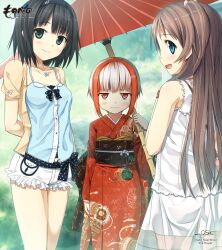  3girls arishima_alice arms_behind_back black_eyes black_hair blue_eyes bow bracelet cloud cura hairband japanese_clothes jewelry jitome kimono long_hair looking_at_viewer looking_back monobeno multicolored_hair multiple_girls necklace obi oil-paper_umbrella open_mouth red_eyes sash sawai_natsuha shorts sky smile sumi_(monobeno) tank_top umbrella 