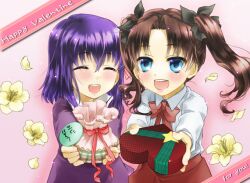  2girls ^_^ aged_down bad_id bad_pixiv_id blue_eyes box brown_hair closed_eyes dress fate/zero fate_(series) flower gift_bag hair_ribbon happy_valentine heart-shaped_box incoming_gift lolicon long_hair matou_sakura multiple_girls purple_hair ribbon sab333 short_hair siblings sisters skirt tohsaka_rin twintails valentine 