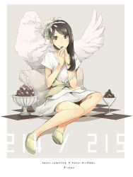  a~chan bad_id bad_pixiv_id bird black_eyes black_hair bracelet brown_eyes brown_hair chalice character_name chocolate corset cup female flats food grey_background hair_over_shoulder hairband happy_birthday happy_valentine holding holding_chocolate holding_food jewelry long_hair perfume_(band) pillow shirt sitting skirt smile solo valentine white_footwear white_shirt white_skirt yoshito 